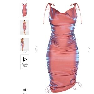 PINK METALLIC SHIMMER COWL NECK TIE STRAP MIDI DRESS